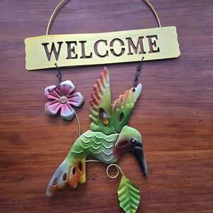 Colorful Metal Hummingbird Welcome Sign